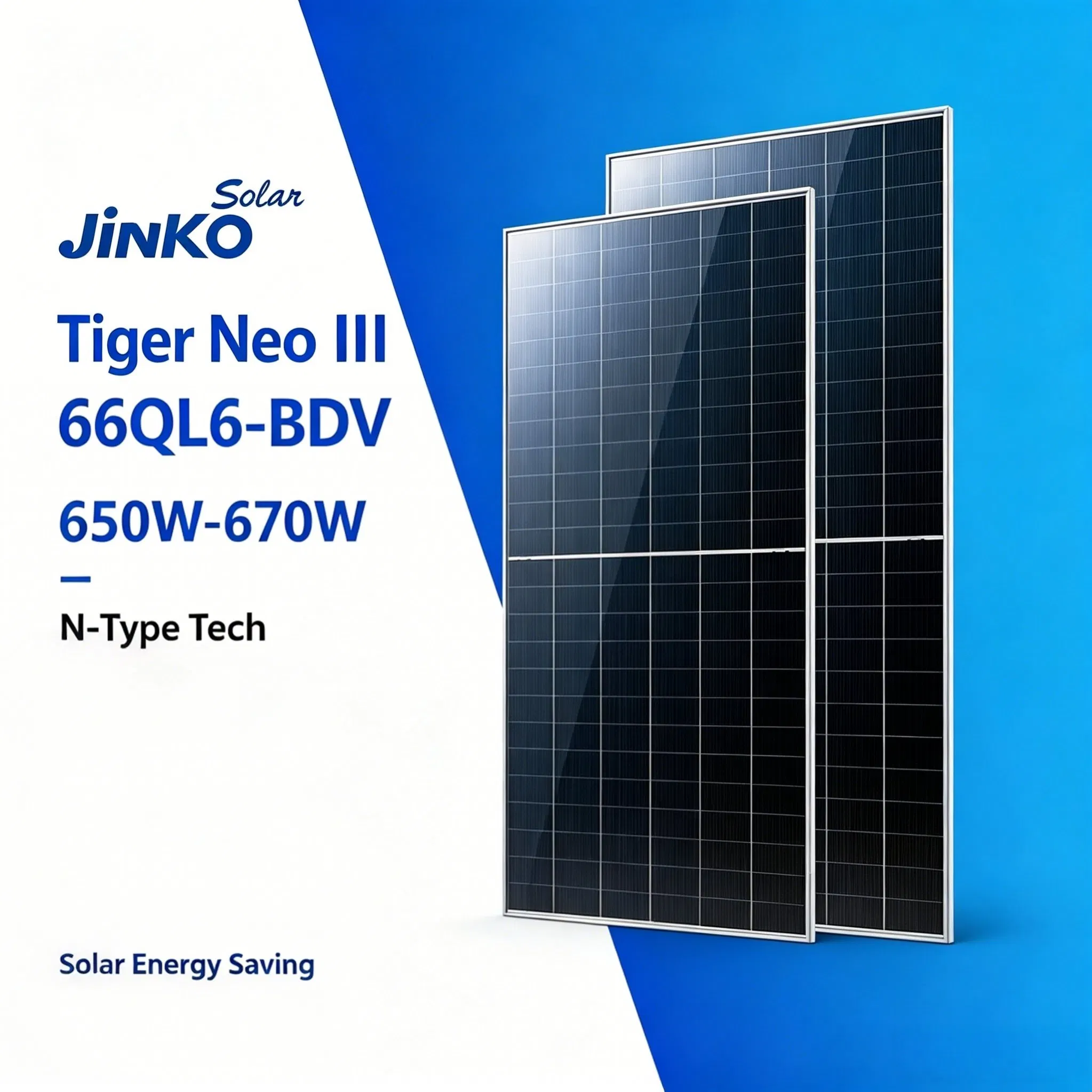 Módulo Fotovoltaico de Painel Solar Jinko 650W 660W 670W Painel Solar Bifacial de Vidro Duplo Tipo N para Instalação em Grandes Fazendas Solares