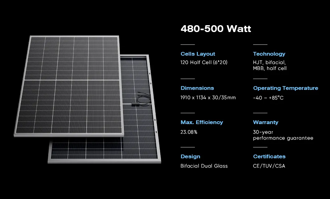 Módulo PV Flexível Bifacial Tipo N Solar Portátil Evo 5n Hjt 480W 500W