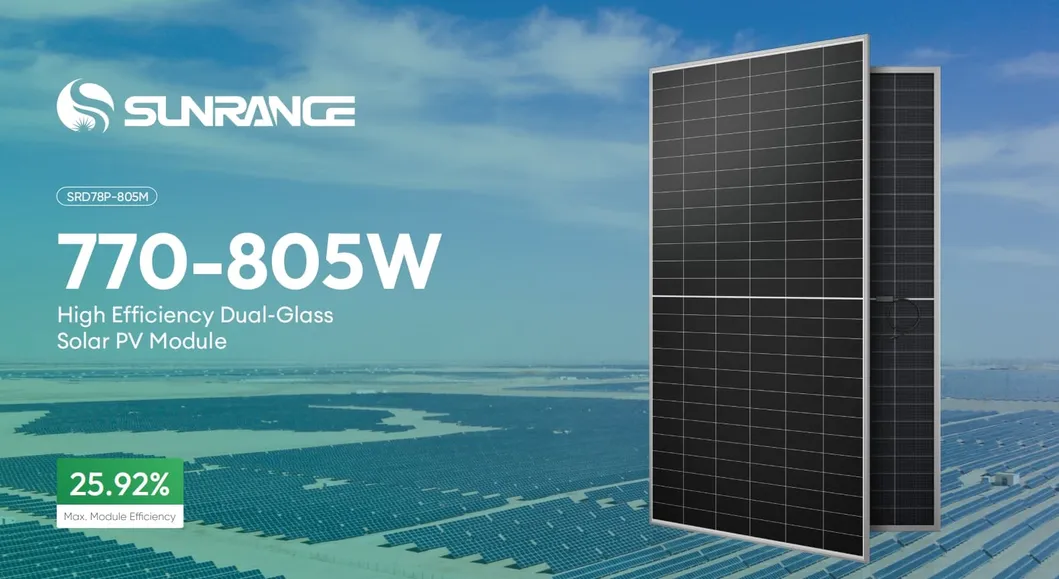Sunrange 800W 805W N Tipo Bc Painéis Solares Bifaciais 30 Anos de Garantia para Grandes Plantas Industriais e Sistemas de Telhados Comerciais
