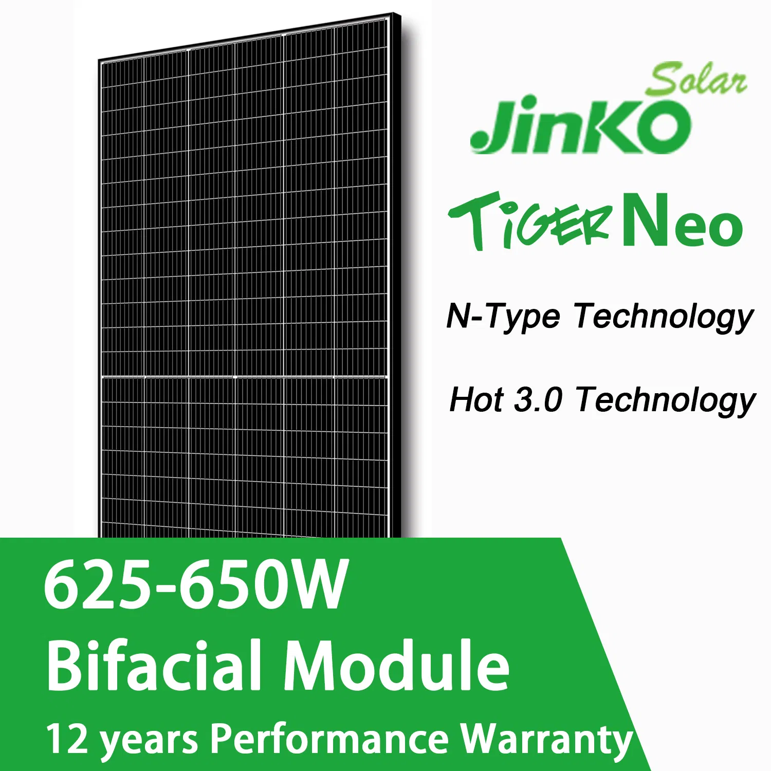 Jinko Tiger Neo 625W 630W 640W 650W Painel Solar Bifacial N-Type Mono Vidro Duplo 132 Células IP68 12 Anos de Garantia para Solar Residencial Comercial Industrial
