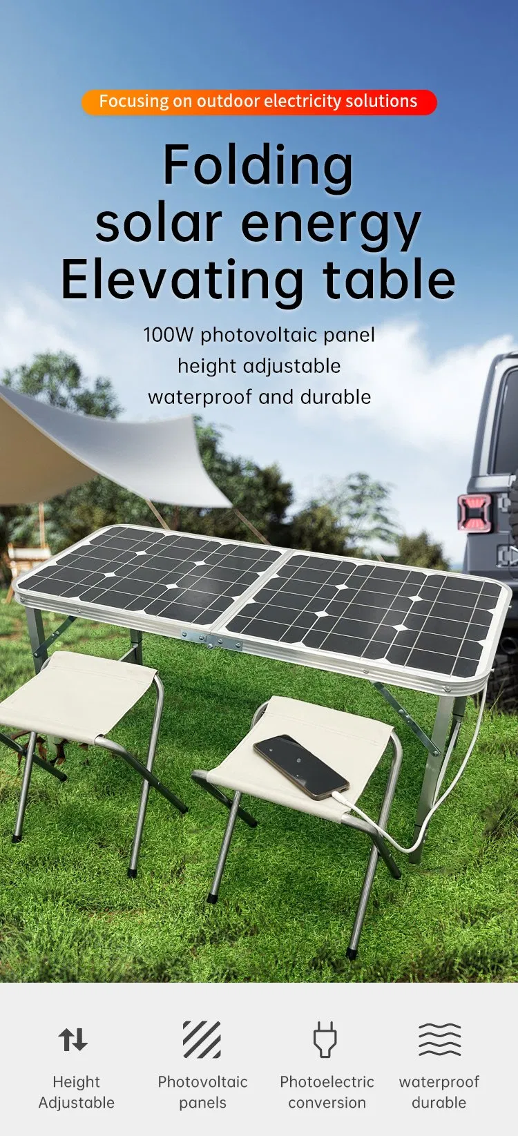 100W Painel Solar Portátil Dobrável de Silício Monocristalino de Alta Eficiência para Camping IP68 À Prova d'Água