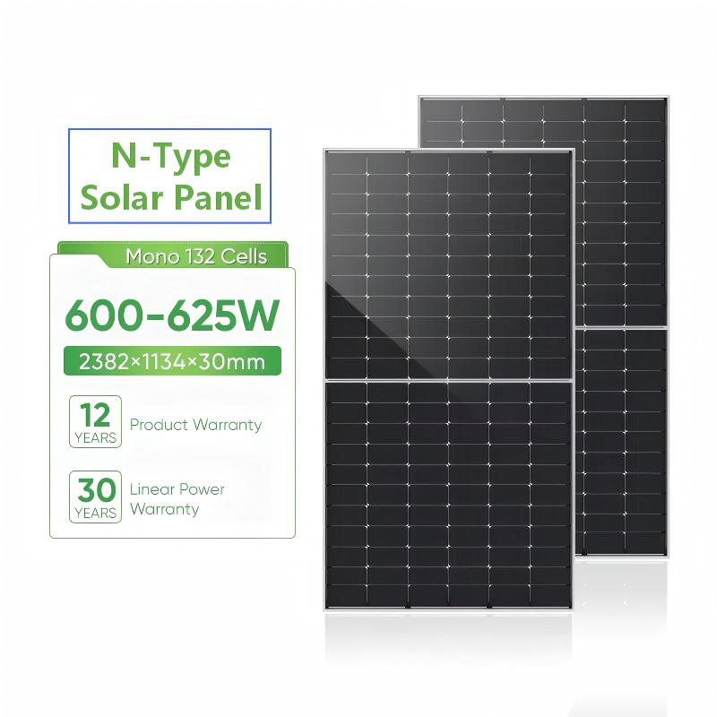 Módulo Solar de Painel Bifacial Mono Tipo N 600W 625W com 132 Células Cortadas ao Meio CE TUV para Geração de Energia em Telhados de Vilas sistema de fornecimento de energia solar