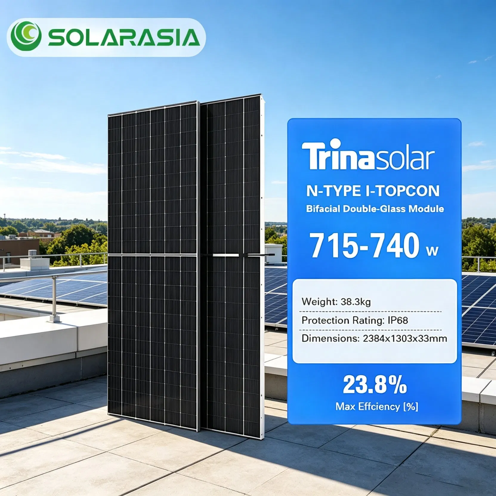 Painel Solar Monocristalino Trina 715W 720W 725W 730W 735W 740W Painel Solar Bifacial de Vidro Duplo Tipo N Topcon para Sistemas Fotovoltaicos Conectados à Rede