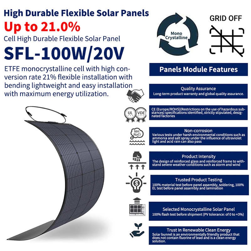 100W Painéis Solares Flexíveis Ultra Leves de ETFE para Marinha, RV, Cabana, Van, Carro, Barco, Camping em Superfícies Curvas