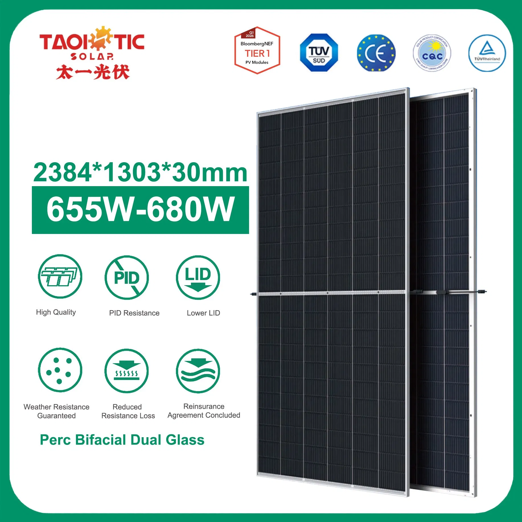 132pieces (6*22) Embalagem Marítima Taoísta Industrial 2384*1303*30/33mm Painel Solar Mono PV