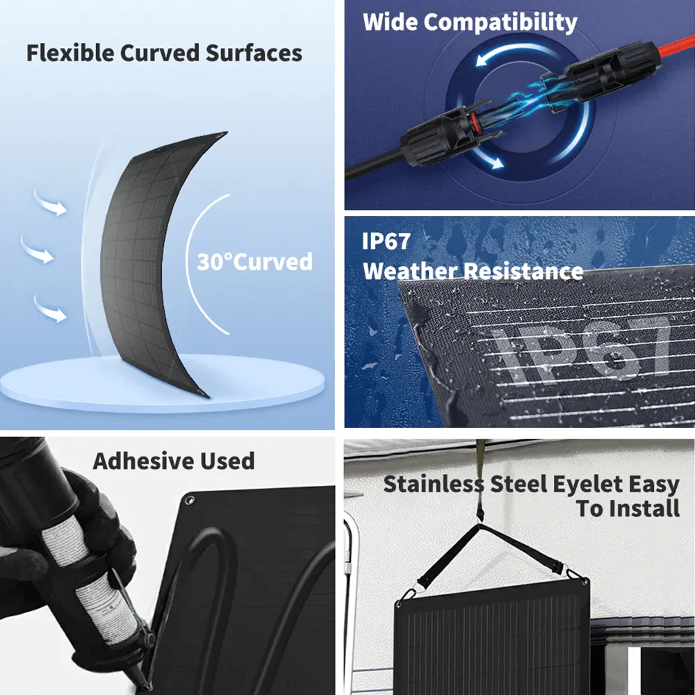 Painéis Solares Fotovoltaicos Flexíveis Ultra Leves e Portáteis 50W Kit de Painéis Solares Flexíveis ETFE