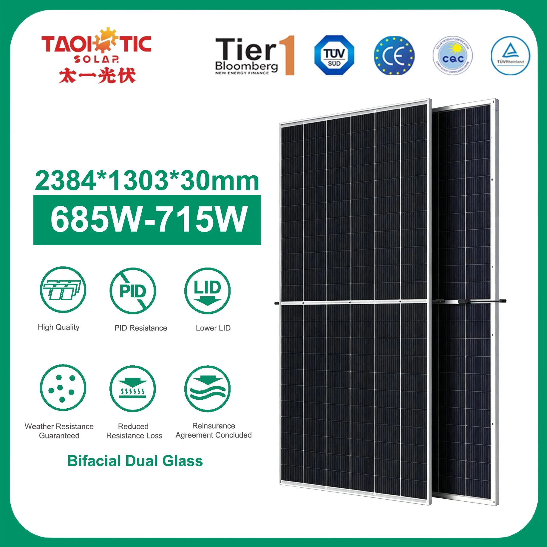 Painel Solar Bifacial de Vidro Duplo Monocristalino com Estrutura de Alumínio Personalizada Taoísta 685W-715W