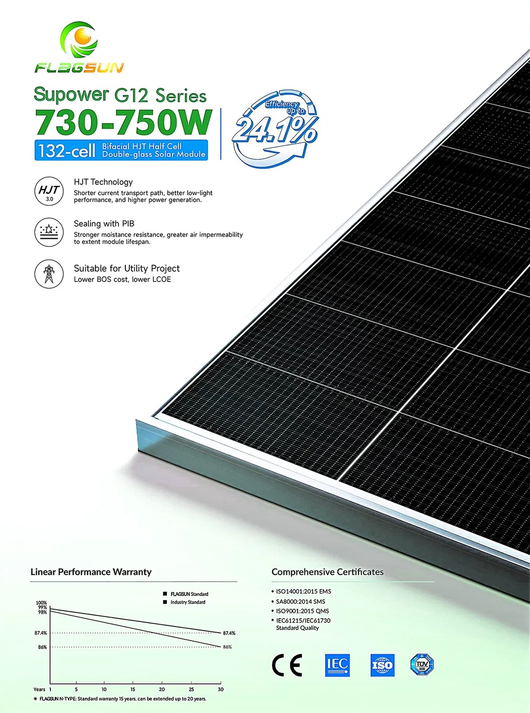 Tier 1 Qualidade Hjt Bifacial Painel Solar 730W 740W 750W Módulo PV de Vidro Duplo N-Type de Alta Eficiência 24.1% para Projeto de Utilidade