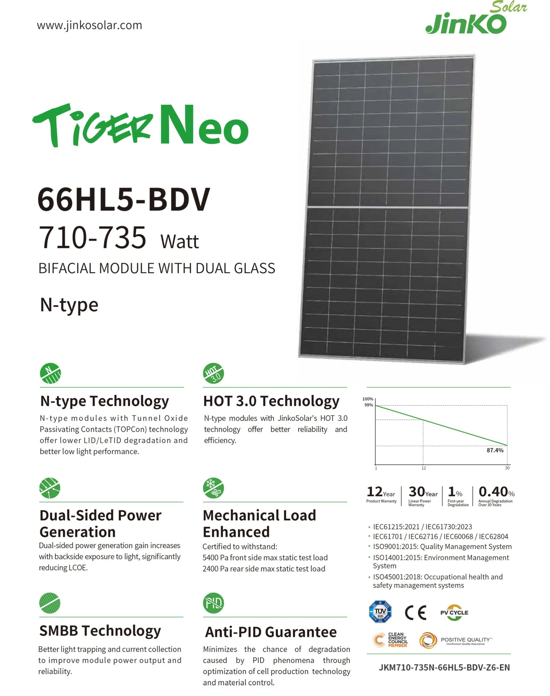 Jinko Tiger Neo 710W 720W 730W 735W Módulo de Painel Solar Bifacial para Sistema Solar Residencial Comercial Off-Grid On-Grid