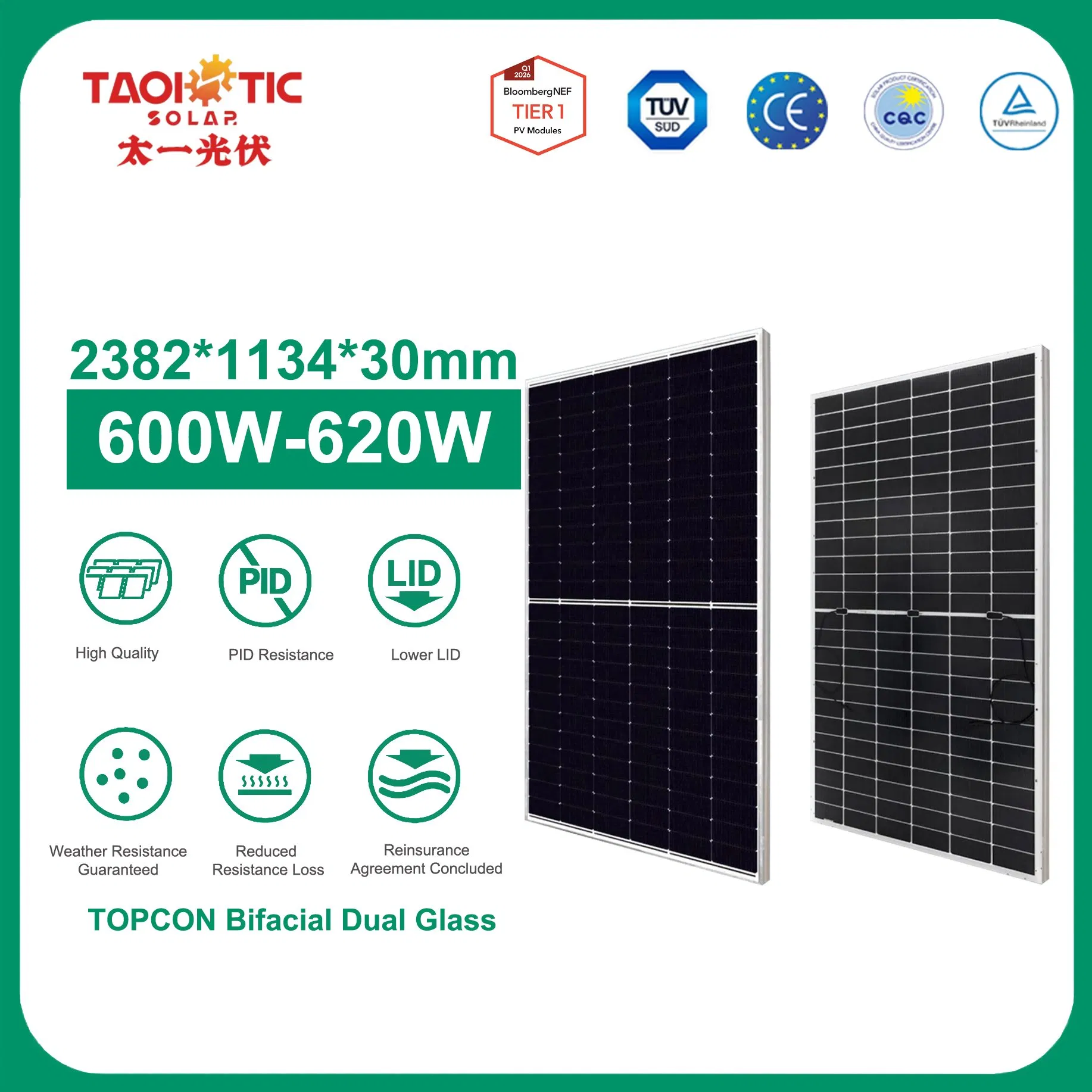 Painel Solar Bifacial Monocristalino Topcon Taoísta 600-620W Eficiência para Uso Comercial 23.0%