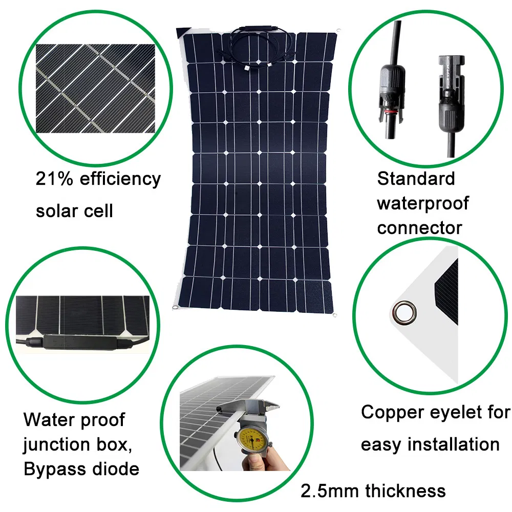Painel Solar Monocristalino Personalizado 200W Flexível Módulo PV Leve Dobrável Impermeável para RV Iate Varanda Exterior Superfície Irregular