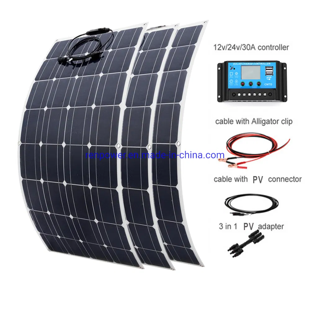 100watt 12volt Kit de Painel Solar Flexível para Casa Off Grid, RV, Barco e Superfícies Irregulares: 2PCS 120W Painel Solar Bc + 30A 12V Controlador de Carregamento + Cabo Solar