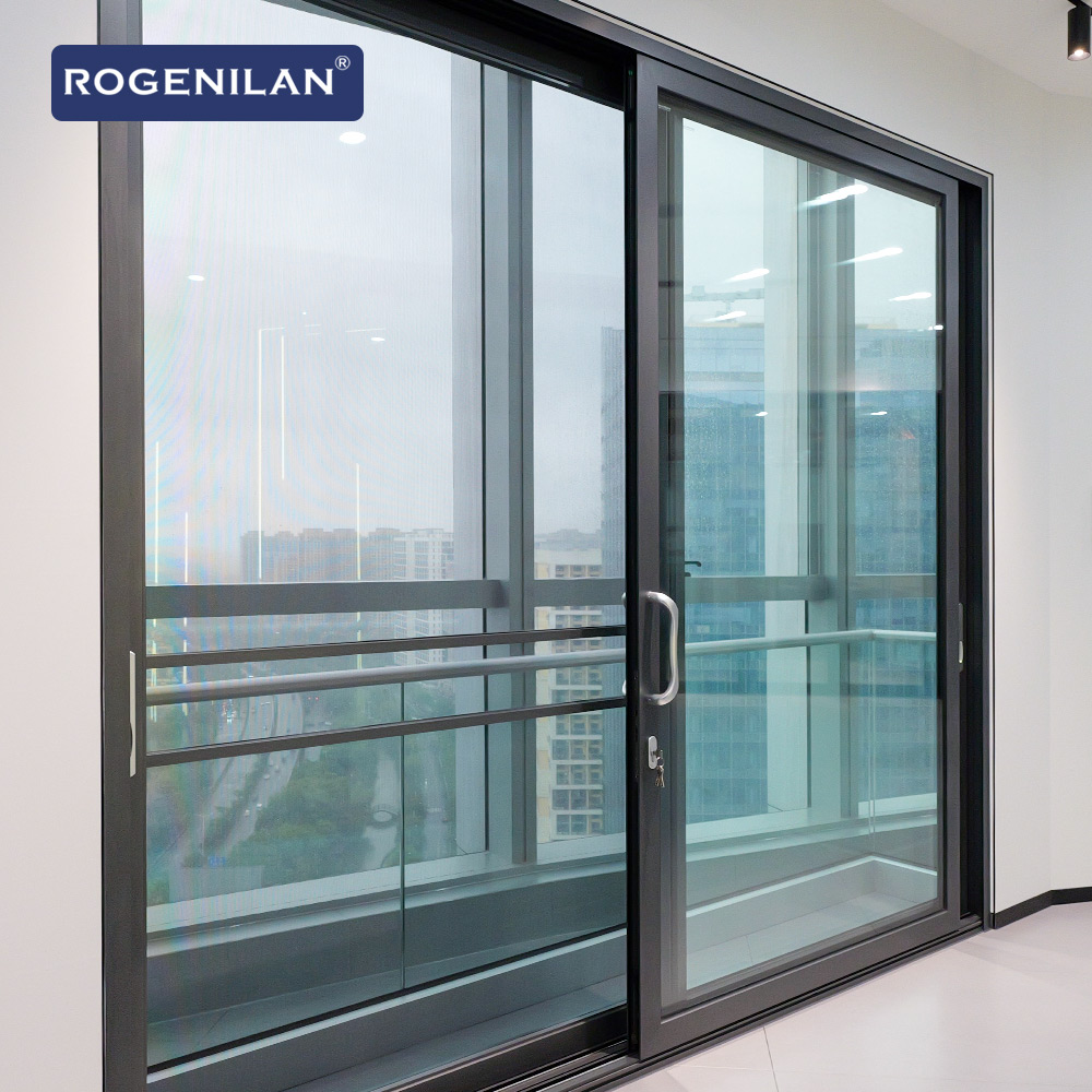 Rogenilan Foshan Custom Hurricane Proof Aluminium Sliding Slide Glass Doors and windows for House Hotel Office Balcony