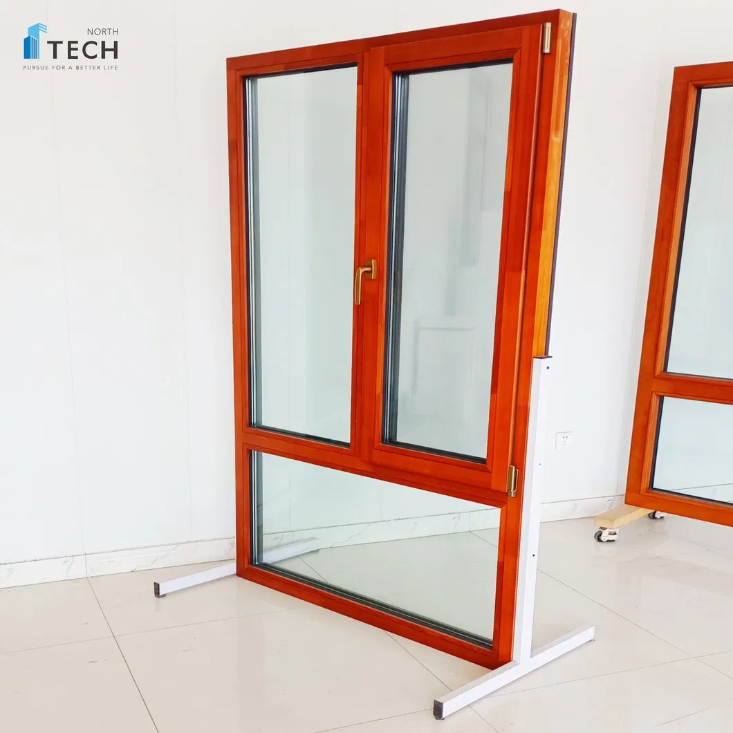 Aluminium Wood Wooden Casement Glass Window with Folding Mosquito Screen Bedroom Livingroom