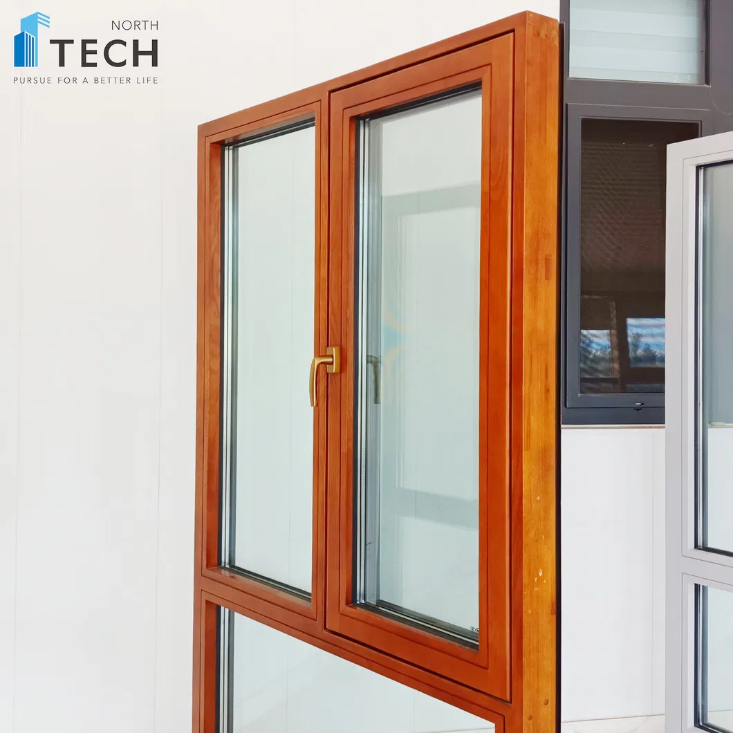 Aluminium Wood Wooden Casement Glass Window with Folding Mosquito Screen Bedroom Livingroom