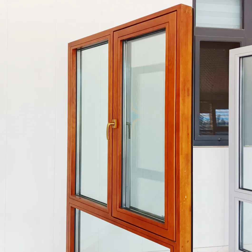 Aluminium Wood Wooden Casement Glass Window with Folding Mosquito Screen Bedroom Livingroom