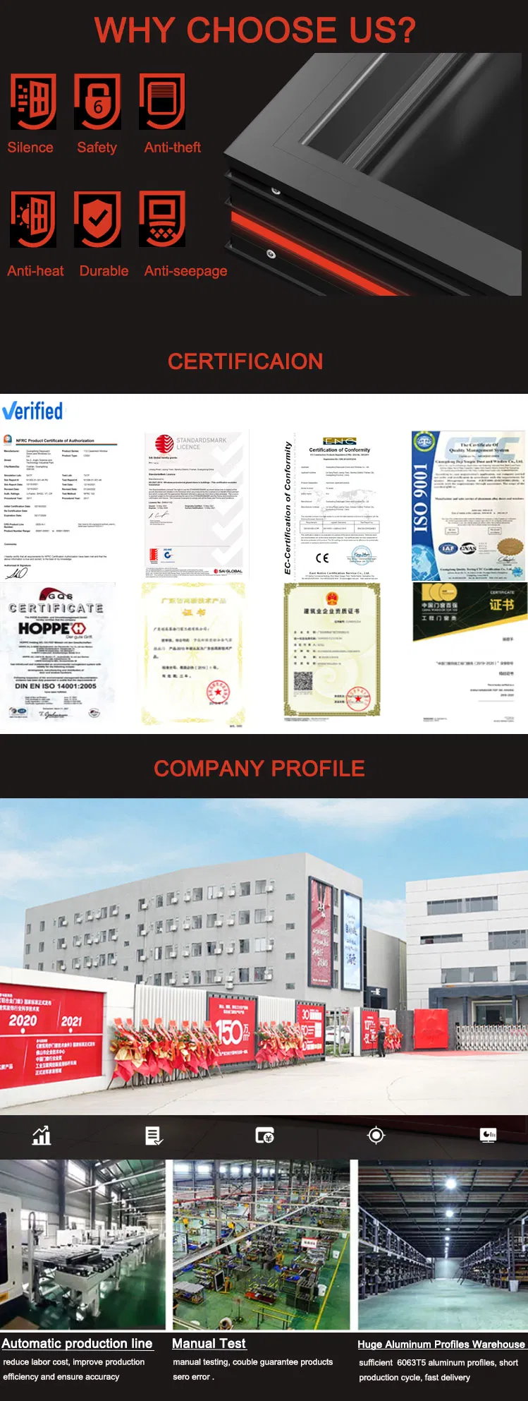 Hurricane Proof Impact Resistant Sliding Heat Insulation Aluminum Windows and Doors