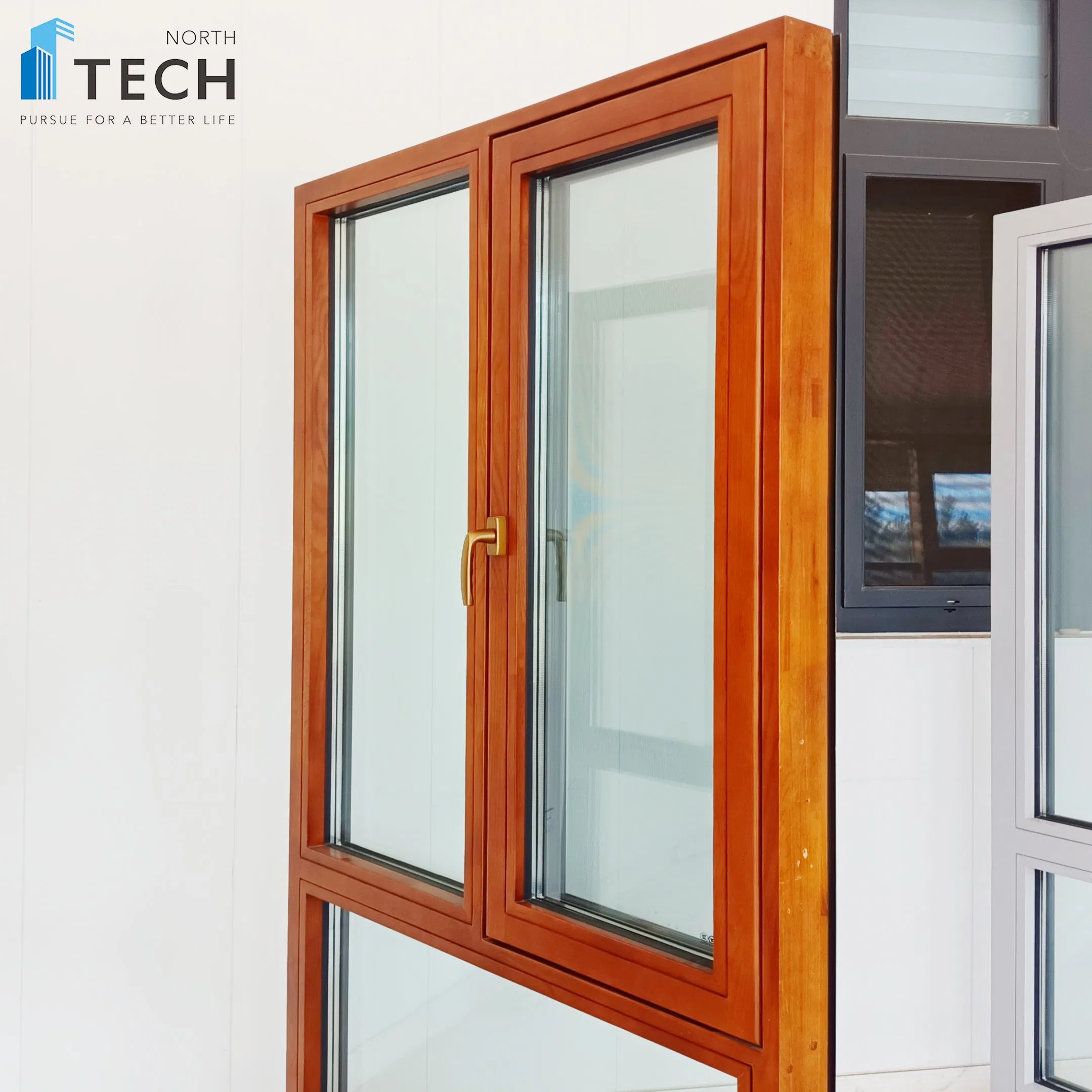Aluminium Wood Wooden Casement Glass Window with Folding Mosquito Screen Bedroom Livingroom