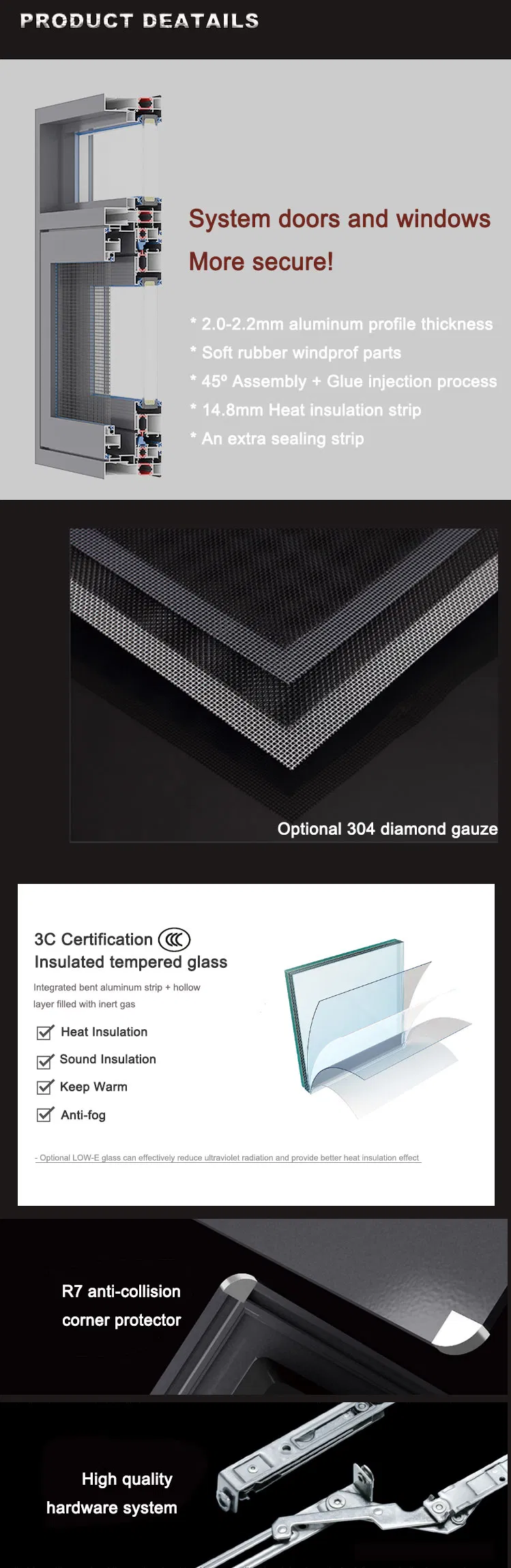 Hurricane Proof Impact Resistant Sliding Heat Insulation Aluminum Windows and Doors