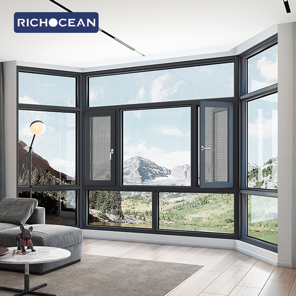 Richocean Factory Direct Aluminium Casement Swing Window Custom Glass Fixed Bay windows with Ventilation