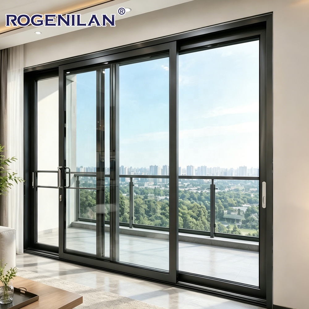 Rogenilan Foshan Custom Hurricane Proof Aluminium Sliding Slide Glass Doors and windows for House Hotel Office Balcony