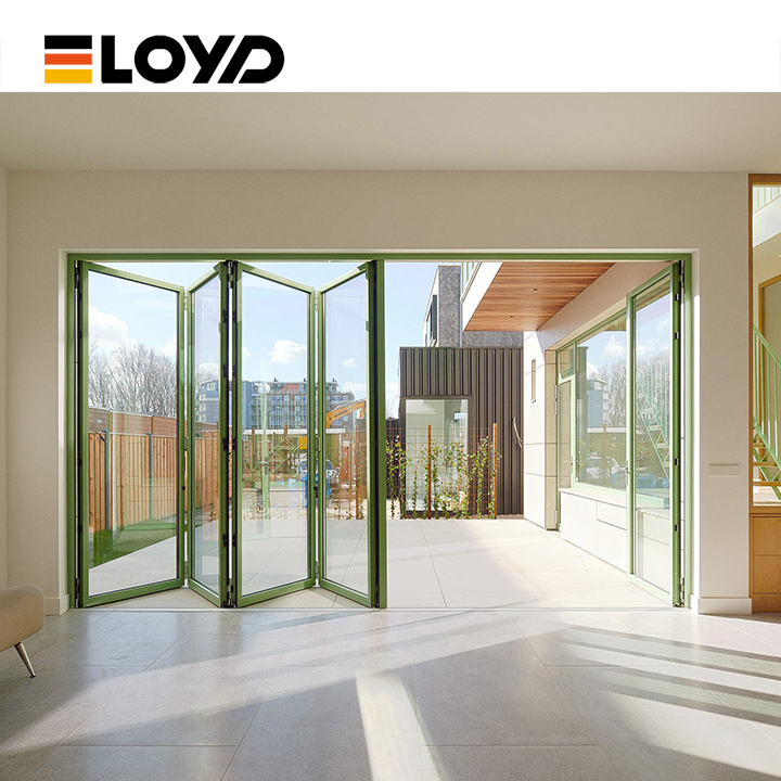 Modern Aluminum Alloy Folding Door Tempered Glass Exterior Use Waterproof Design Germany Brand Hardware For Wind Resistance