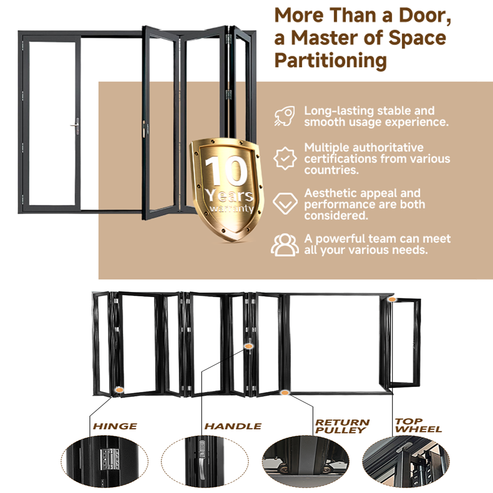 Custom Size Hurricane Resistant Folding Modern Premium Double Glass Aluminum Bi-Fold Door For Commercial House Patio