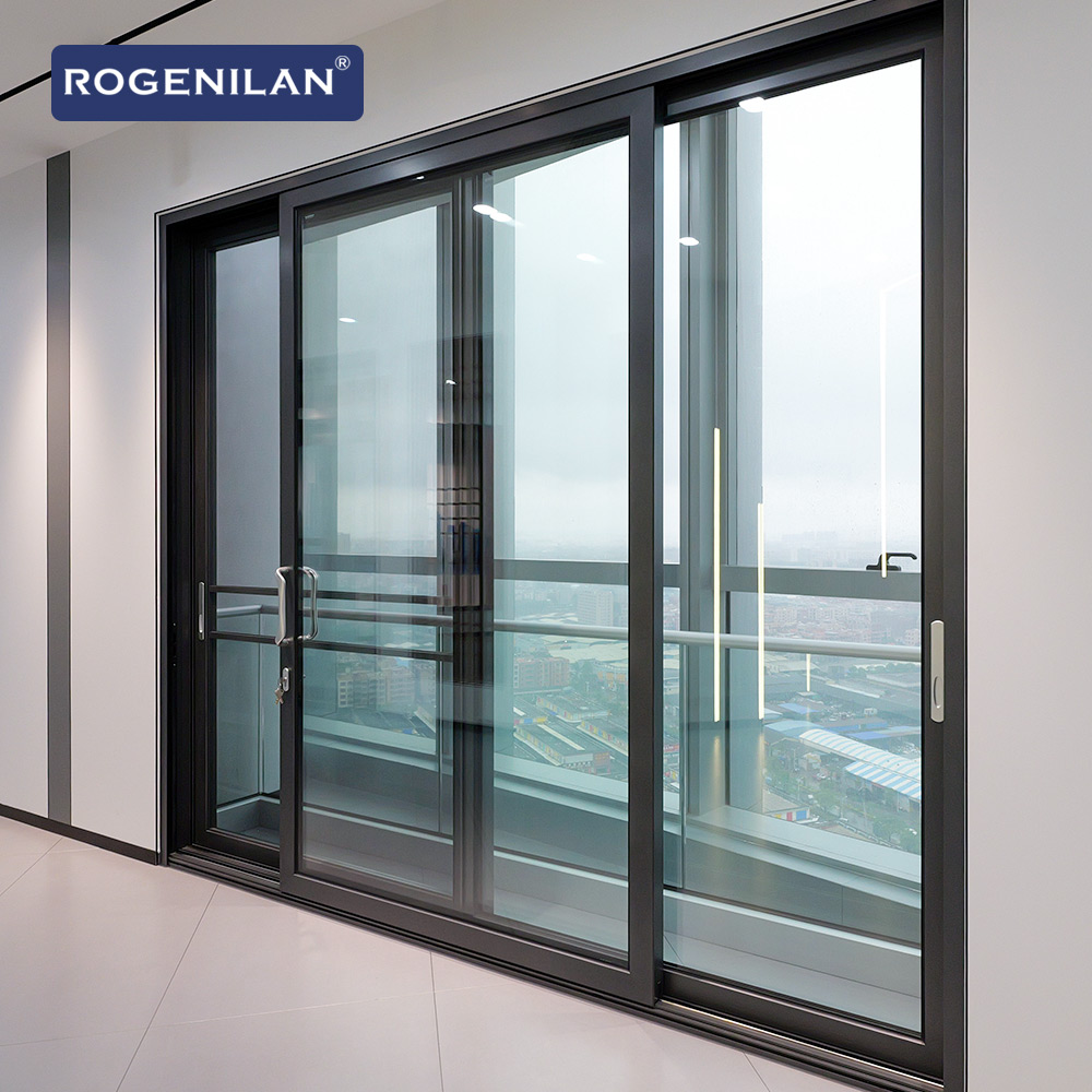 Rogenilan Foshan Custom Hurricane Proof Aluminium Sliding Slide Glass Doors and windows for House Hotel Office Balcony
