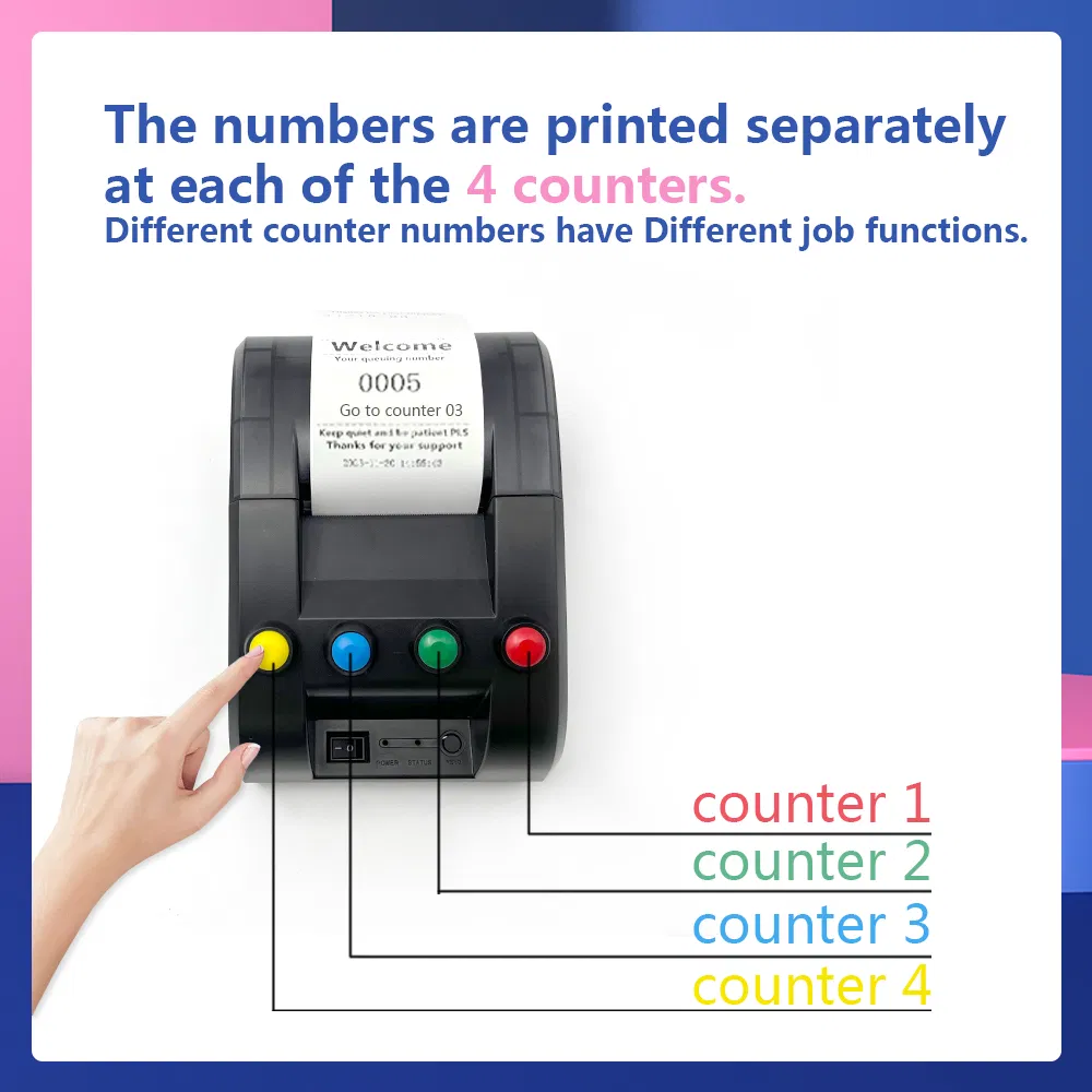 58mm Receipt Ticket Thermal Printer Show Waiting Number 4 Counter for Queue Management System