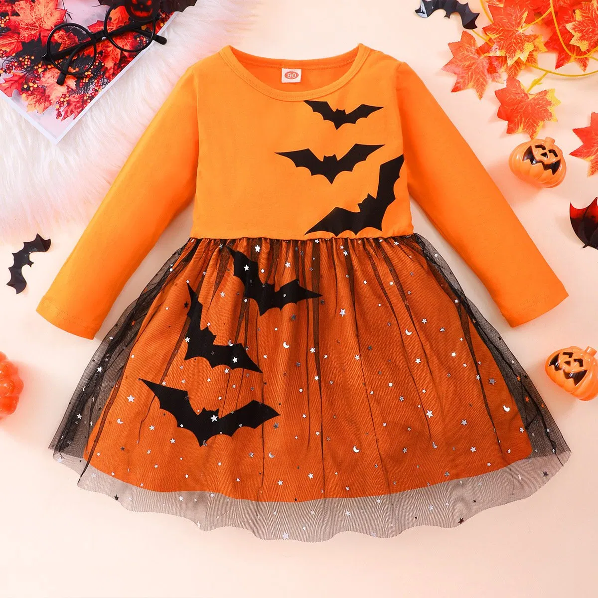 European and American Halloween Cosplay Autumn Style Long Sleeved Bat Shirt Mesh Dress