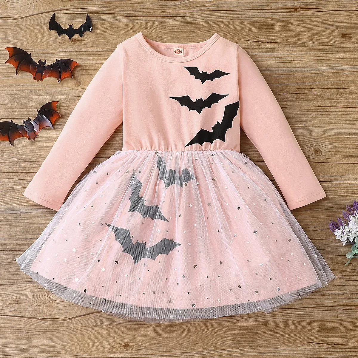European and American Halloween Cosplay Autumn Style Long Sleeved Bat Shirt Mesh Dress