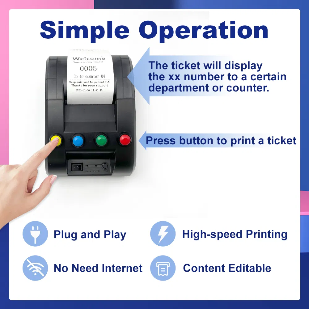 58mm Receipt Ticket Thermal Printer Show Waiting Number 4 Counter for Queue Management System