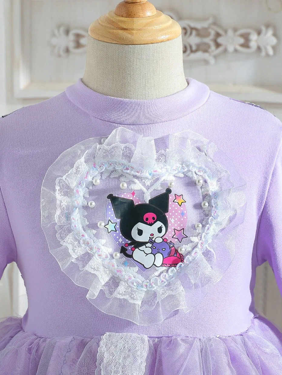 2025 Autumn Girls' Princess Kuromi Cartoon Cute Sweet Skirt Lolita Elegant Puffy Skirt Dress