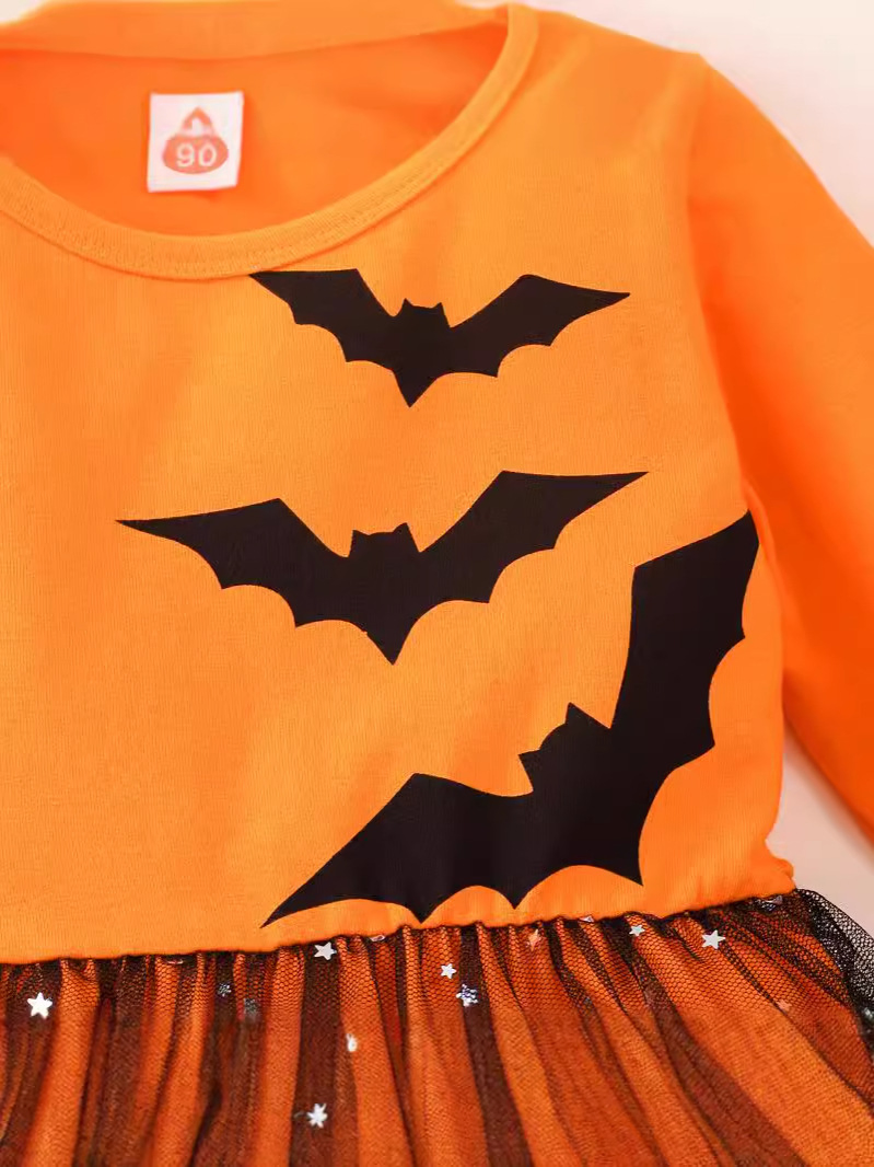European and American Halloween Cosplay Autumn Style Long Sleeved Bat Shirt Mesh Dress