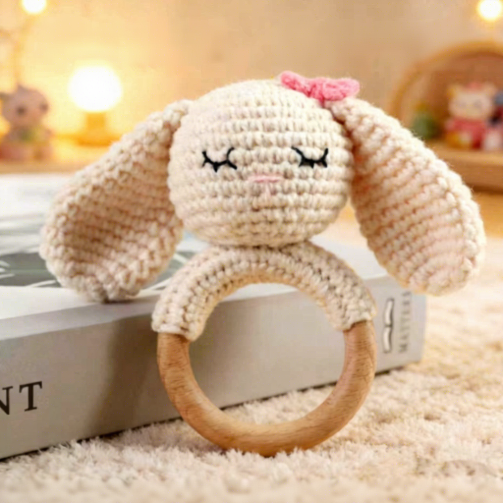 Baby Hand-Knitted Plush Wood Material Rattle Wooden Ring Sound Rabbit Hand-Rocking Bell Toy Comfort Doll Wholesale Customizable