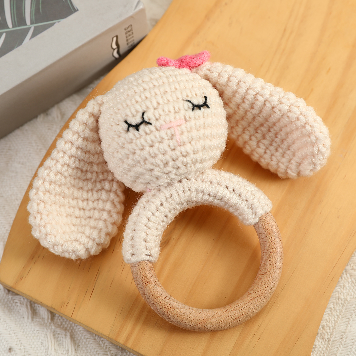 Baby Hand-Knitted Plush Wood Material Rattle Wooden Ring Sound Rabbit Hand-Rocking Bell Toy Comfort Doll Wholesale Customizable