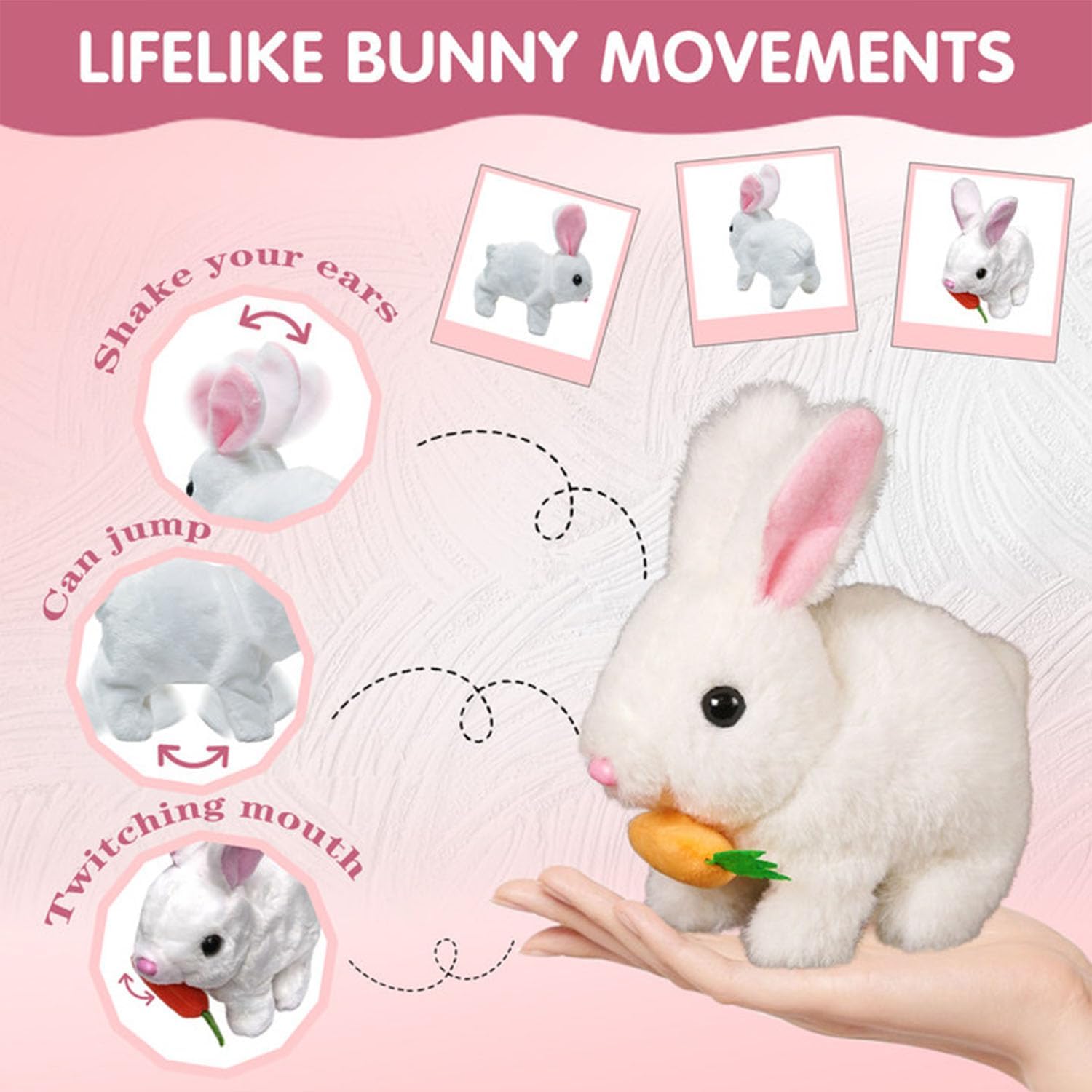 Bunby Brown Realistic Bunny Toy Interactive Stuffed Animal with Jumping Twitching Shaking Ears for Kids