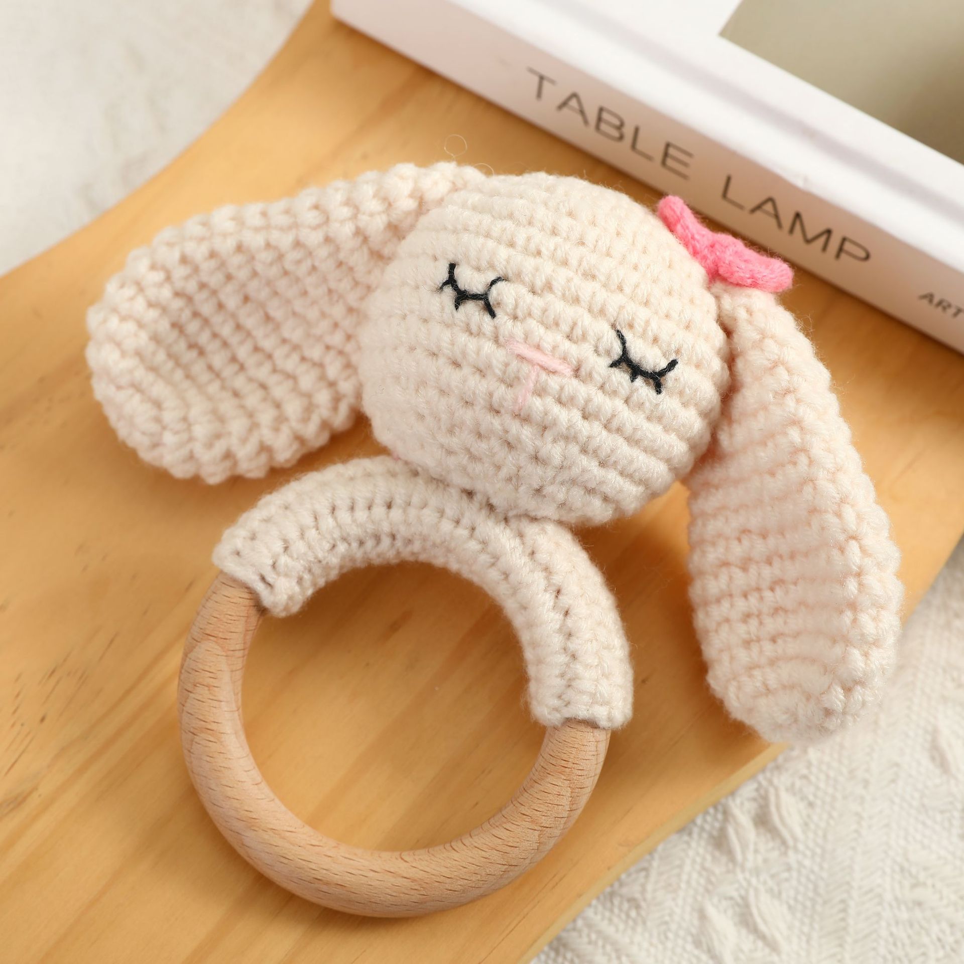Baby Hand-Knitted Plush Wood Material Rattle Wooden Ring Sound Rabbit Hand-Rocking Bell Toy Comfort Doll Wholesale Customizable