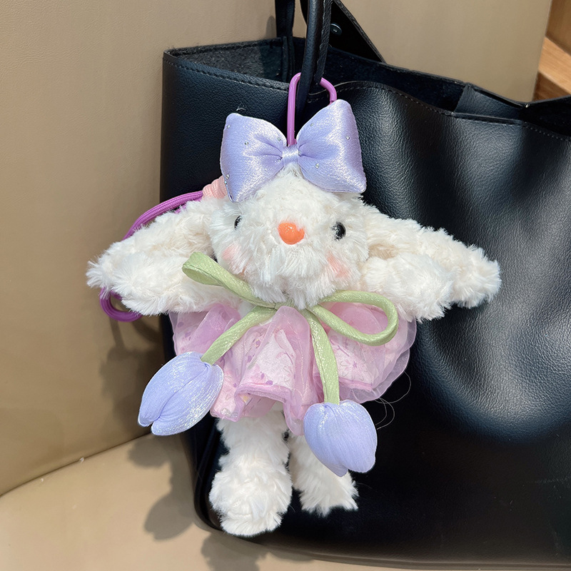 Cute Plush Bunny Keychain with Tulip &amp; Bow, Kawaii Rabbit Bag Charm, Soft Stuffed Animal Pendant for Girls