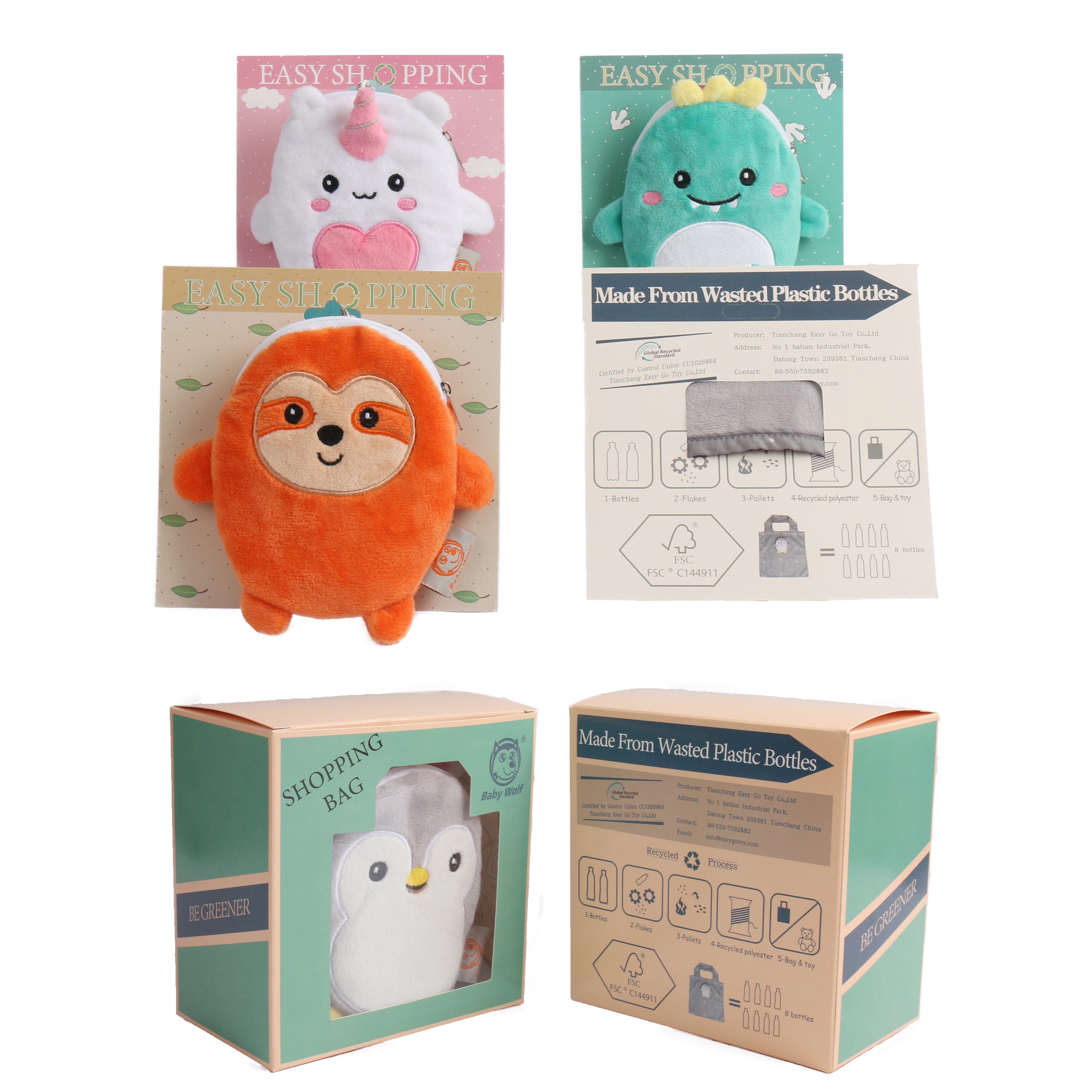 New Design 2-in-1 ECO Friendly Rpet Shopping Bag Unicorn Plush Toys Foldable Waterproof Reusable