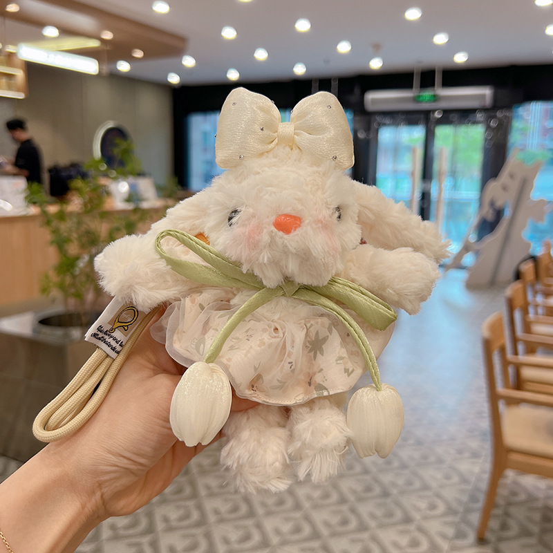 Cute Plush Bunny Keychain with Tulip &amp; Bow, Kawaii Rabbit Bag Charm, Soft Stuffed Animal Pendant for Girls