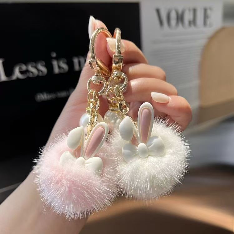 Hot Selling Cute Furry Ball Bunny Car Keychain Pendant Soft Korean Inspired Plush Toy for Doll Bag Decoration