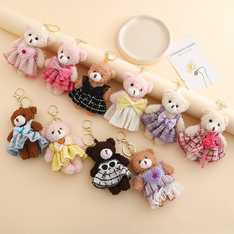 Cute Key Chain Stuffed Animals Toys Keychain Floral Burlap Bear Plush Doll Backpack Charm Ornaments Plushie Keychains Toys