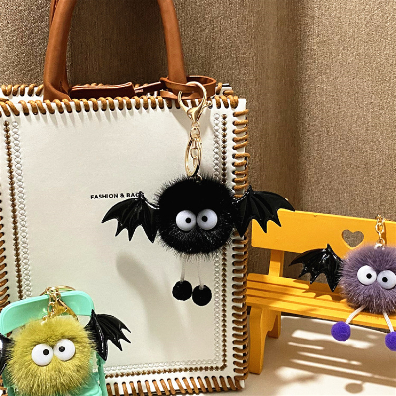 Kawaii Plush Keychains Toys Monster Hair Ball Elf Halloween Cartoon Plush Ball Keyring Cute Demon Bat Bag Decorate Small Gifts