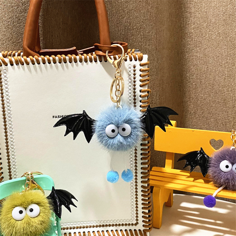 Kawaii Plush Keychains Toys Monster Hair Ball Elf Halloween Cartoon Plush Ball Keyring Cute Demon Bat Bag Decorate Small Gifts