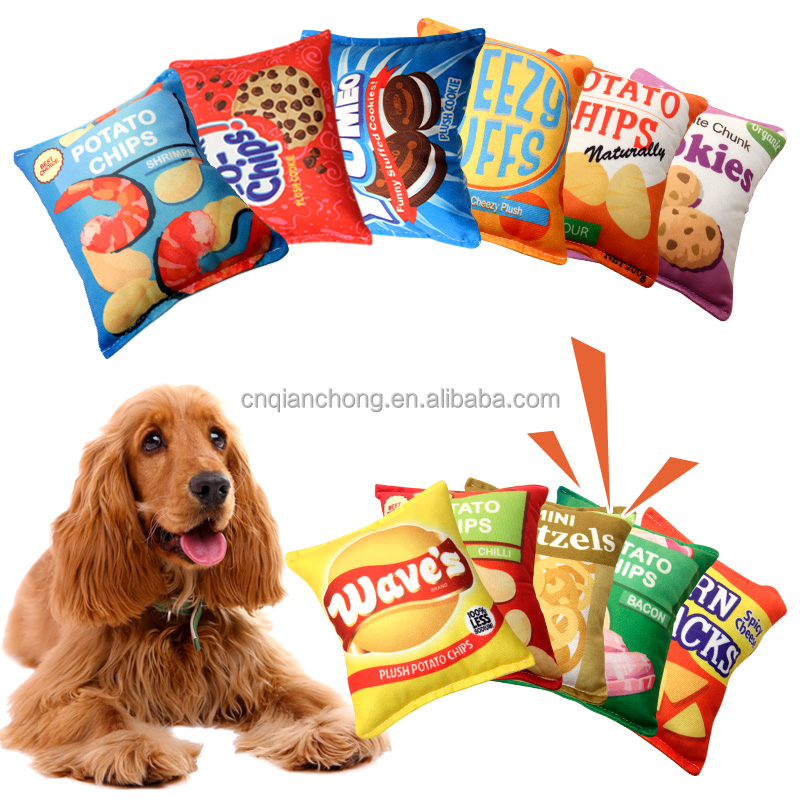 New Design Custom Stuffed Potato Chips Food Funny Interactive Pet Toys Eco-Friendly Cotton Pet Squeak Toy