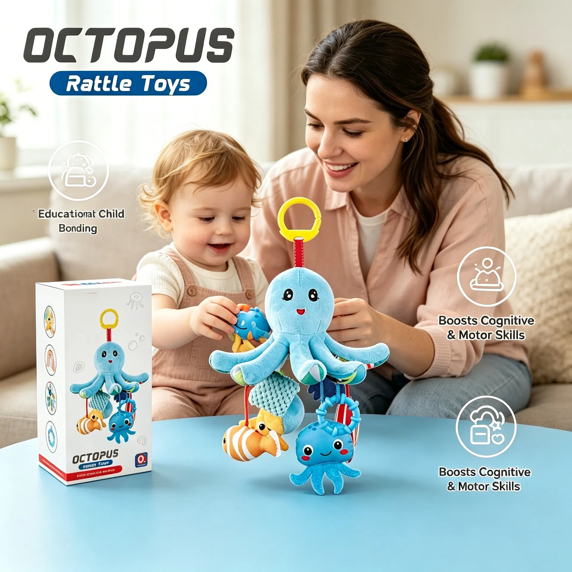 New Baby Toys High Quality Finger Training Soft Plush Stuffed Rattles Trending Octopus Appearance Lathe Hanging Toys Filled PP Cotton Educational Toys Structure