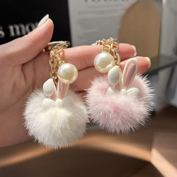 Hot Selling Cute Furry Ball Bunny Car Keychain Pendant Soft Korean Inspired Plush Toy for Doll Bag Decoration
