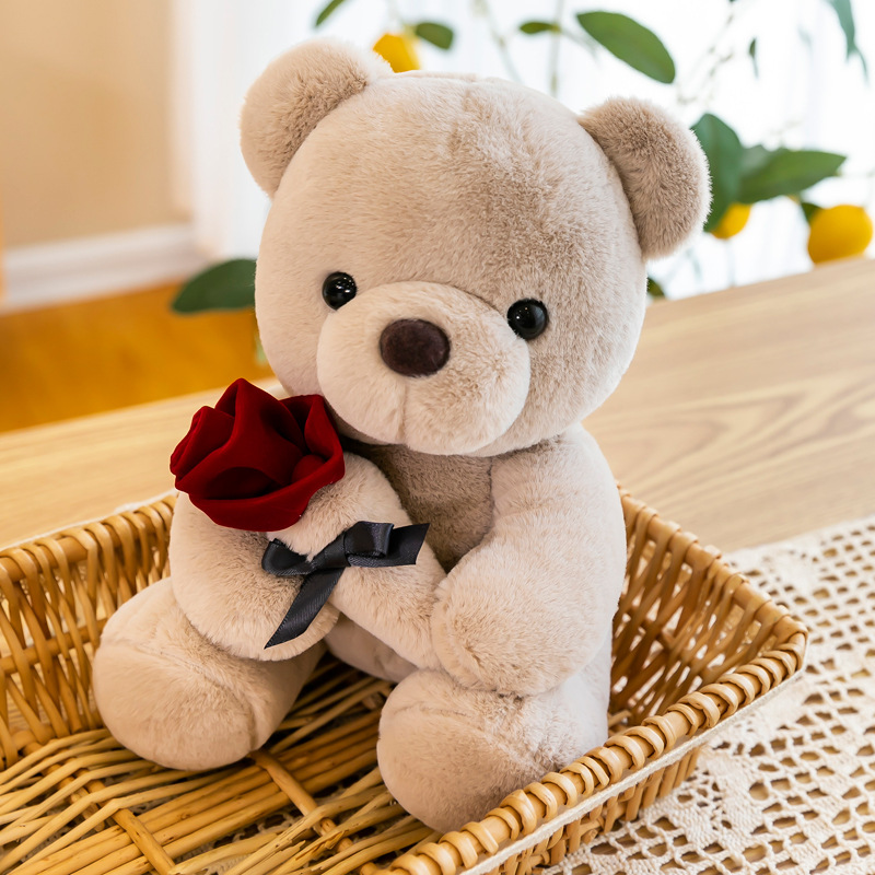 Factory Wholesale Cartoon Kawaii Customised Valentine Gift Lovely Hand-held Bow Rose Teddy Bear Plush Pillow Toy Mother's Day