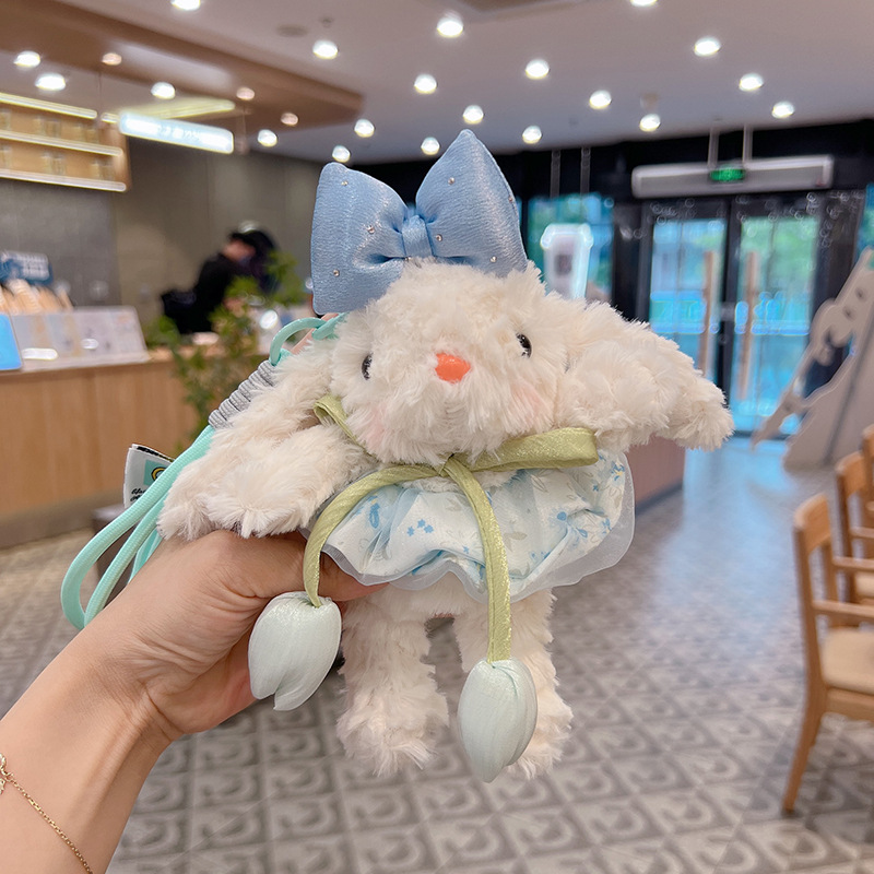 Cute Plush Bunny Keychain with Tulip &amp; Bow, Kawaii Rabbit Bag Charm, Soft Stuffed Animal Pendant for Girls